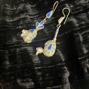 Authentic Tribal Afghan Kuchi Lapis Lazuli & Silver Bird Motif Earrings